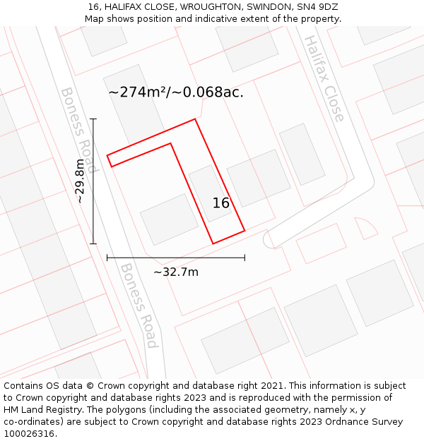 16, HALIFAX CLOSE, WROUGHTON, SWINDON, SN4 9DZ: Plot and title map
