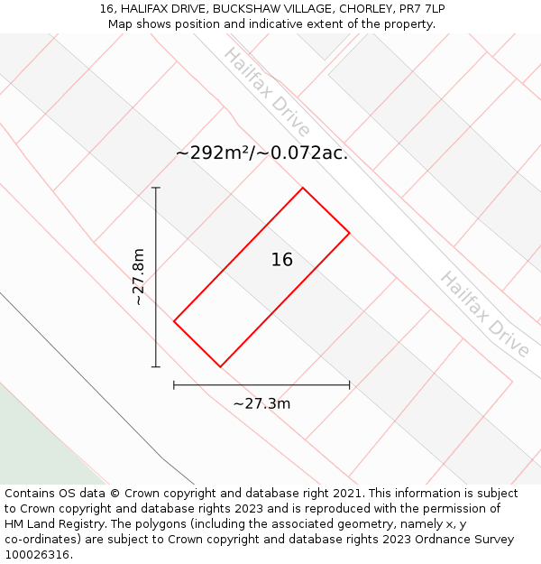16, HALIFAX DRIVE, BUCKSHAW VILLAGE, CHORLEY, PR7 7LP: Plot and title map