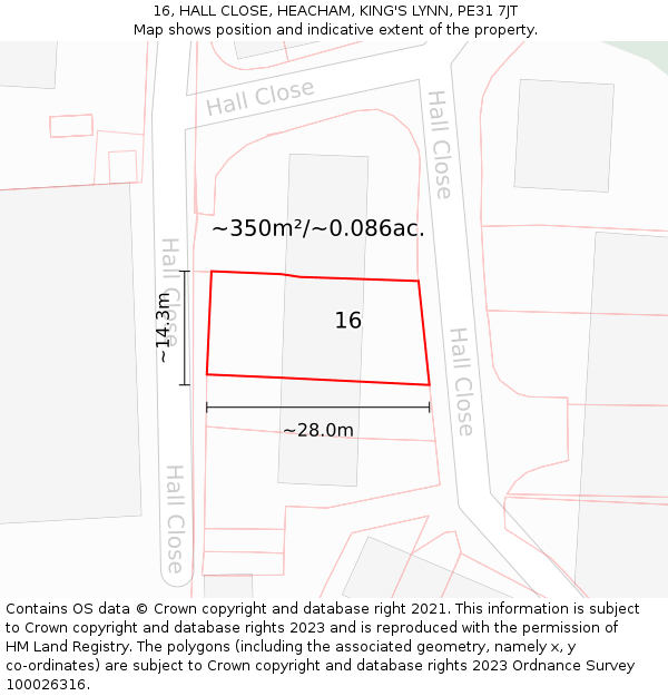 16, HALL CLOSE, HEACHAM, KING'S LYNN, PE31 7JT: Plot and title map