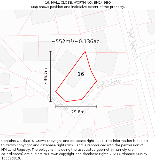 16, HALL CLOSE, WORTHING, BN14 9BQ: Plot and title map