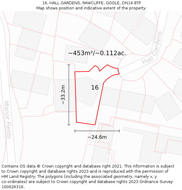 16, HALL GARDENS, RAWCLIFFE, GOOLE, DN14 8TP: Plot and title map