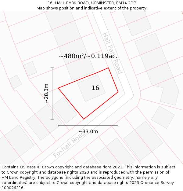 16, HALL PARK ROAD, UPMINSTER, RM14 2DB: Plot and title map