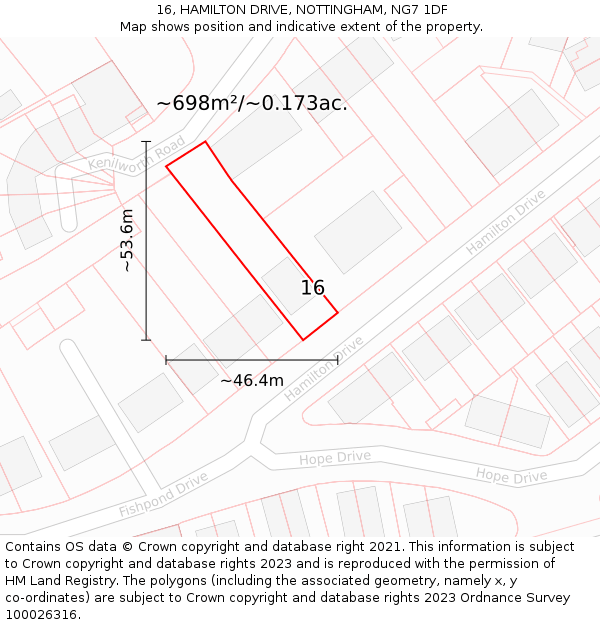 16, HAMILTON DRIVE, NOTTINGHAM, NG7 1DF: Plot and title map