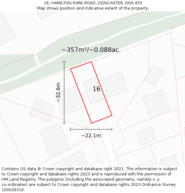 16, HAMILTON PARK ROAD, DONCASTER, DN5 8TX: Plot and title map