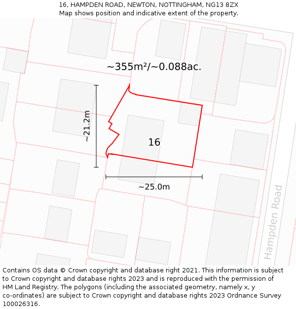16, HAMPDEN ROAD, NEWTON, NOTTINGHAM, NG13 8ZX: Plot and title map