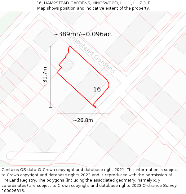 16, HAMPSTEAD GARDENS, KINGSWOOD, HULL, HU7 3LB: Plot and title map