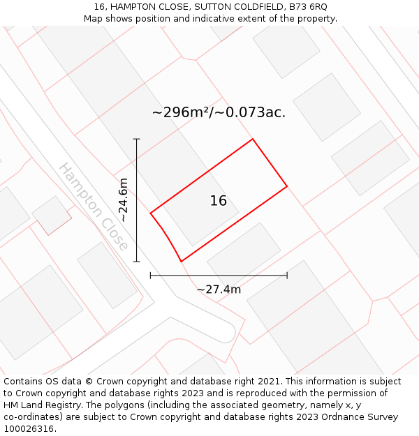 16, HAMPTON CLOSE, SUTTON COLDFIELD, B73 6RQ: Plot and title map