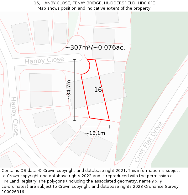 16, HANBY CLOSE, FENAY BRIDGE, HUDDERSFIELD, HD8 0FE: Plot and title map