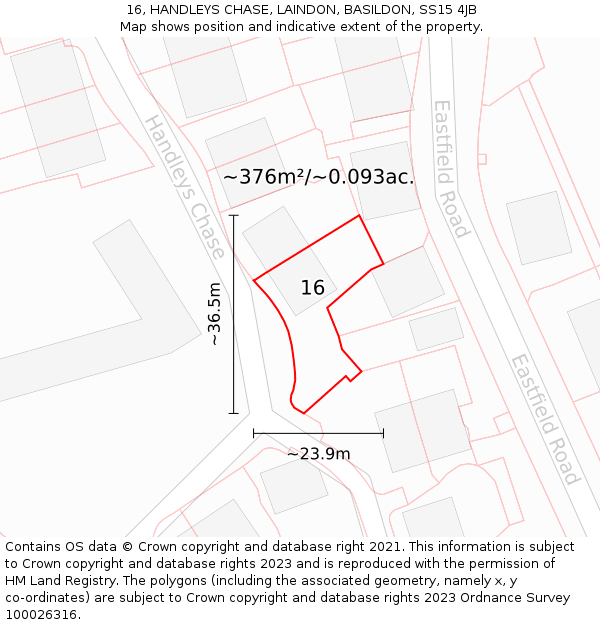 16, HANDLEYS CHASE, LAINDON, BASILDON, SS15 4JB: Plot and title map