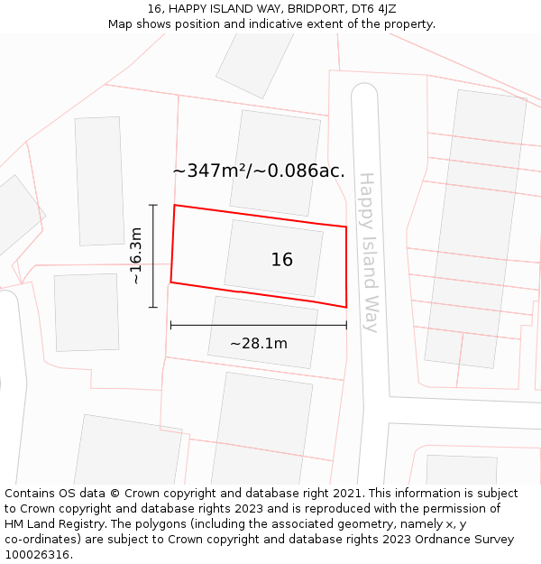 16, HAPPY ISLAND WAY, BRIDPORT, DT6 4JZ: Plot and title map