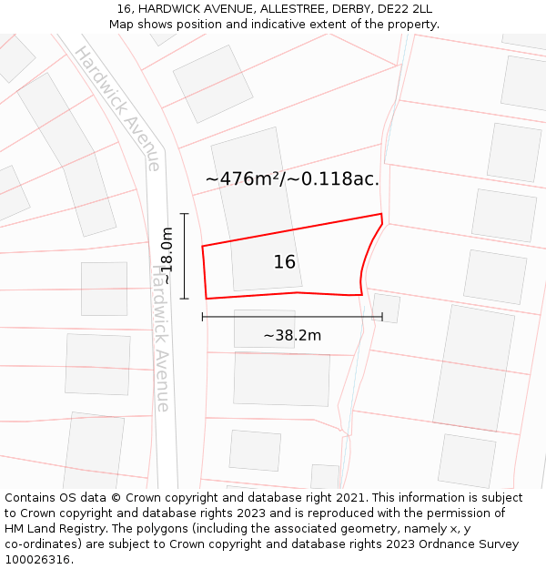 16, HARDWICK AVENUE, ALLESTREE, DERBY, DE22 2LL: Plot and title map
