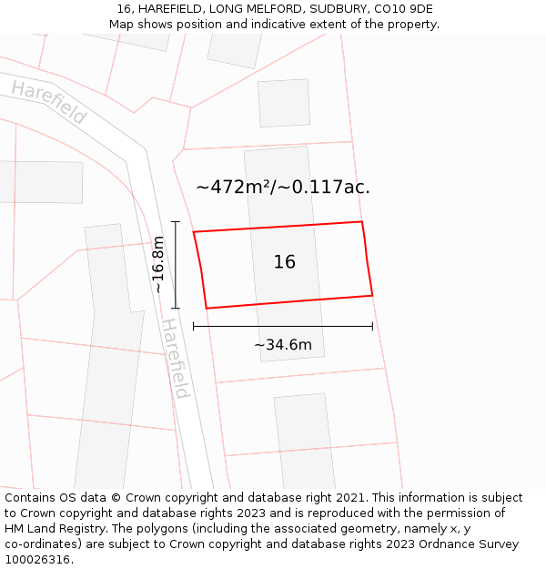 16, HAREFIELD, LONG MELFORD, SUDBURY, CO10 9DE: Plot and title map