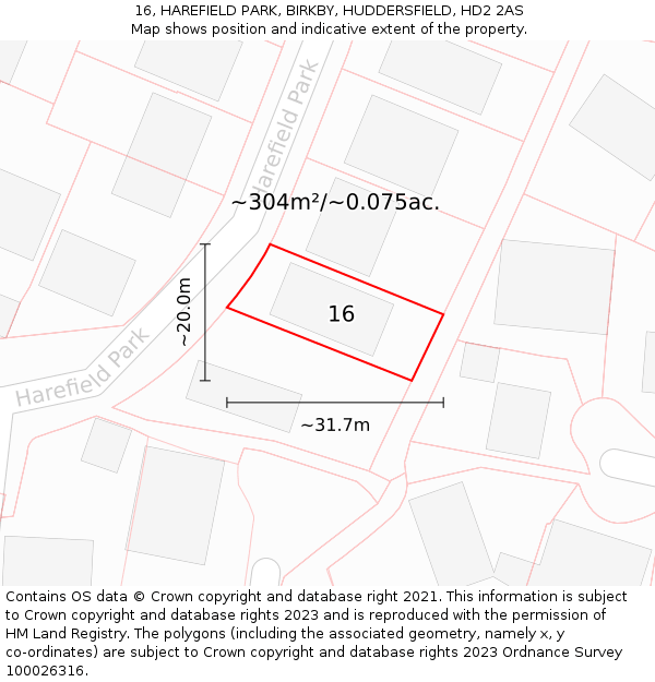 16, HAREFIELD PARK, BIRKBY, HUDDERSFIELD, HD2 2AS: Plot and title map