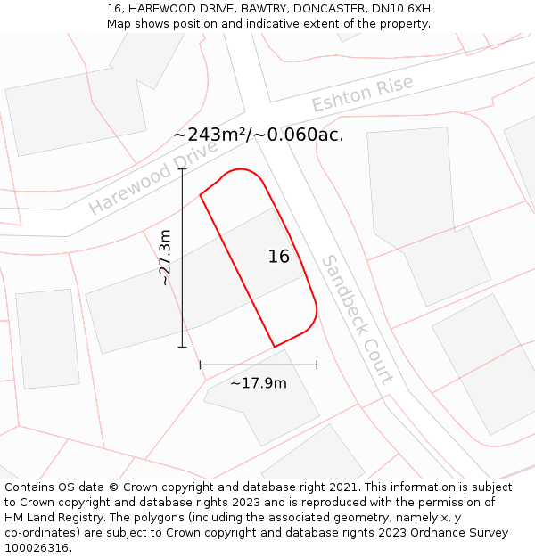 16, HAREWOOD DRIVE, BAWTRY, DONCASTER, DN10 6XH: Plot and title map