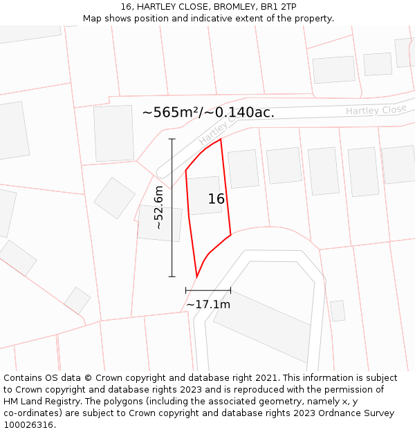16, HARTLEY CLOSE, BROMLEY, BR1 2TP: Plot and title map