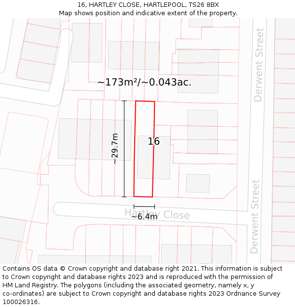 16, HARTLEY CLOSE, HARTLEPOOL, TS26 8BX: Plot and title map