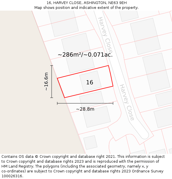 16, HARVEY CLOSE, ASHINGTON, NE63 9EH: Plot and title map