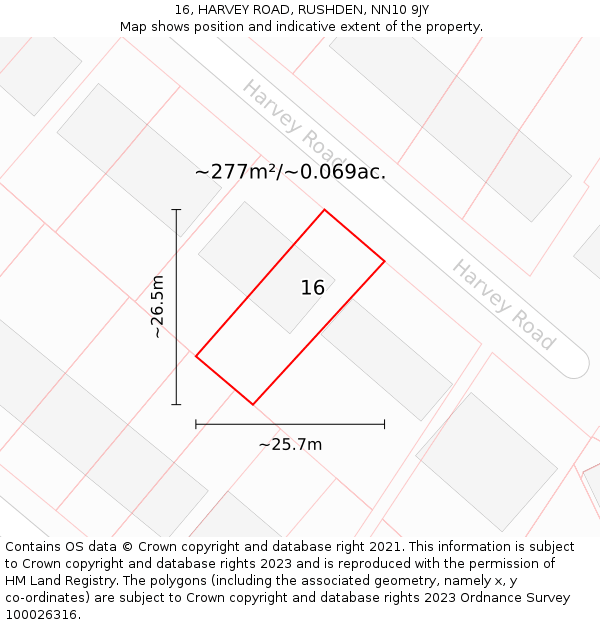 16, HARVEY ROAD, RUSHDEN, NN10 9JY: Plot and title map
