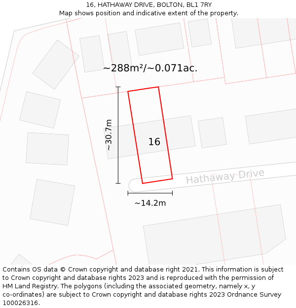 16, HATHAWAY DRIVE, BOLTON, BL1 7RY: Plot and title map