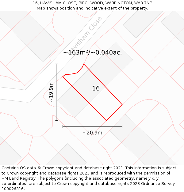 16, HAVISHAM CLOSE, BIRCHWOOD, WARRINGTON, WA3 7NB: Plot and title map