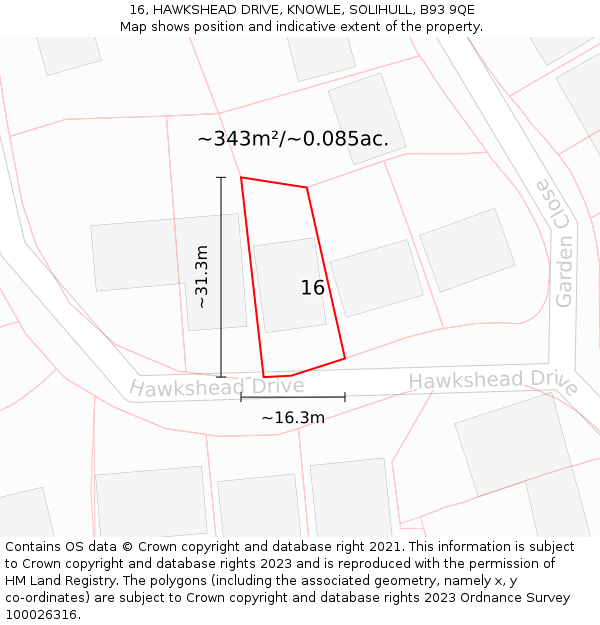 16, HAWKSHEAD DRIVE, KNOWLE, SOLIHULL, B93 9QE: Plot and title map