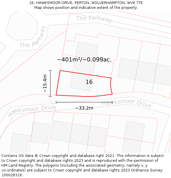 16, HAWKSMOOR DRIVE, PERTON, WOLVERHAMPTON, WV6 7TE: Plot and title map