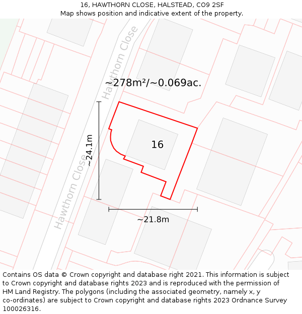 16, HAWTHORN CLOSE, HALSTEAD, CO9 2SF: Plot and title map