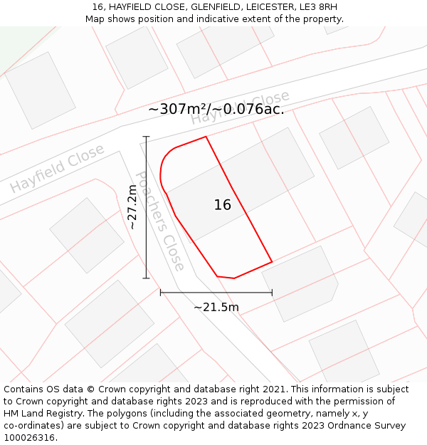 16, HAYFIELD CLOSE, GLENFIELD, LEICESTER, LE3 8RH: Plot and title map