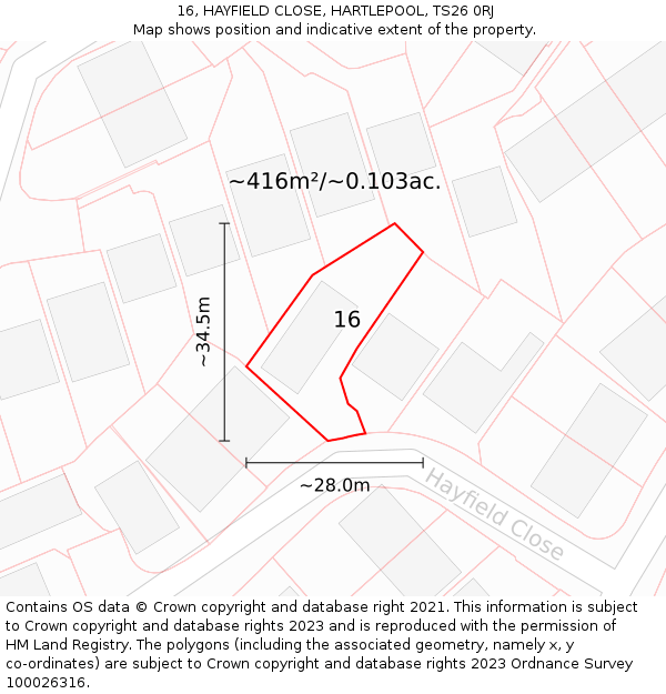 16, HAYFIELD CLOSE, HARTLEPOOL, TS26 0RJ: Plot and title map