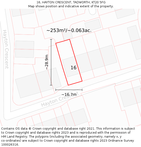 16, HAYTON CRESCENT, TADWORTH, KT20 5FG: Plot and title map
