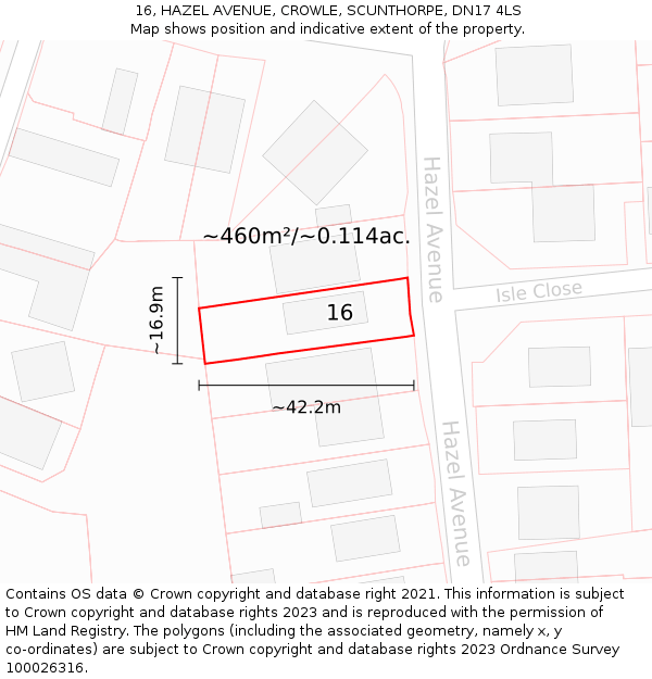 16, HAZEL AVENUE, CROWLE, SCUNTHORPE, DN17 4LS: Plot and title map