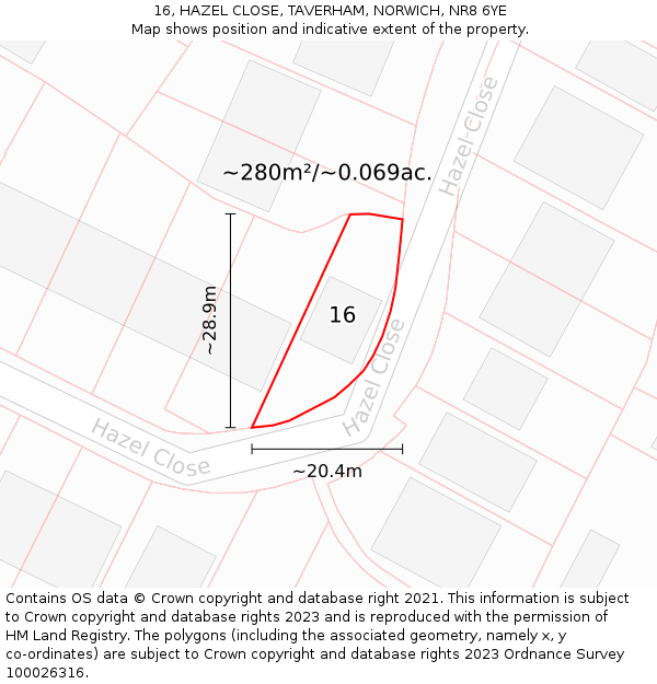 16, HAZEL CLOSE, TAVERHAM, NORWICH, NR8 6YE: Plot and title map