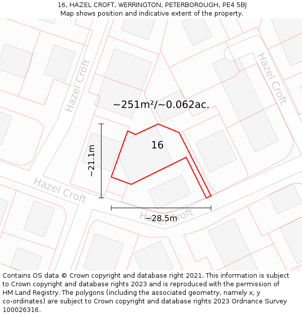 16, HAZEL CROFT, WERRINGTON, PETERBOROUGH, PE4 5BJ: Plot and title map