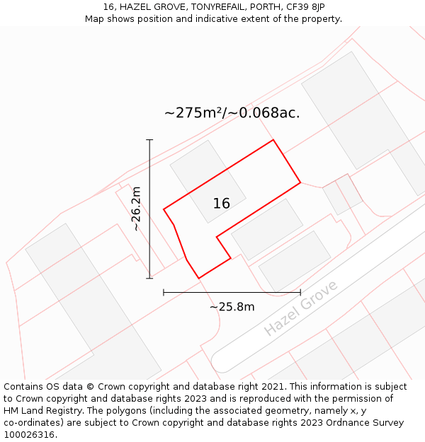 16, HAZEL GROVE, TONYREFAIL, PORTH, CF39 8JP: Plot and title map