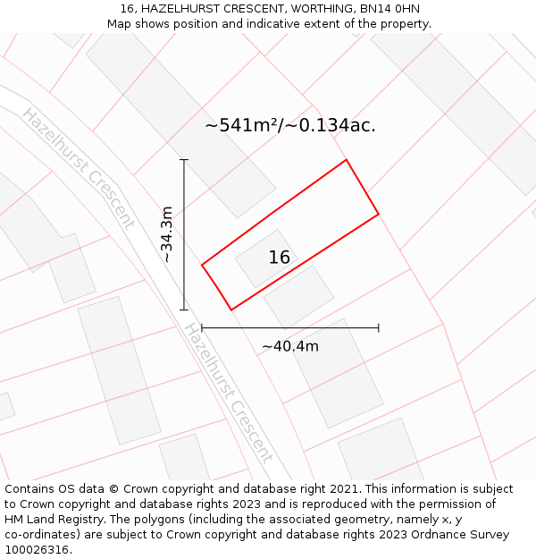 16, HAZELHURST CRESCENT, WORTHING, BN14 0HN: Plot and title map