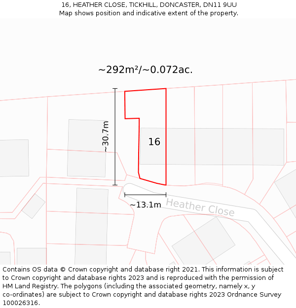 16, HEATHER CLOSE, TICKHILL, DONCASTER, DN11 9UU: Plot and title map