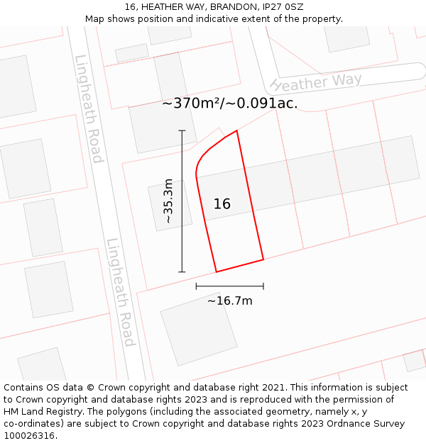 16, HEATHER WAY, BRANDON, IP27 0SZ: Plot and title map