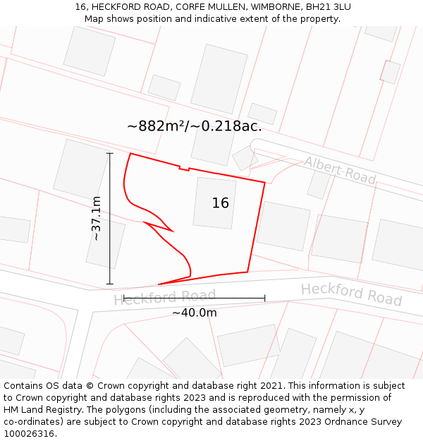 16, HECKFORD ROAD, CORFE MULLEN, WIMBORNE, BH21 3LU: Plot and title map