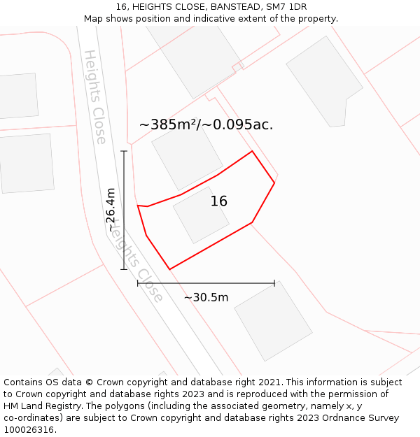 16, HEIGHTS CLOSE, BANSTEAD, SM7 1DR: Plot and title map