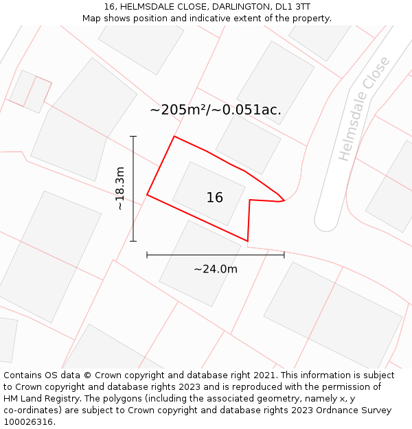 16, HELMSDALE CLOSE, DARLINGTON, DL1 3TT: Plot and title map
