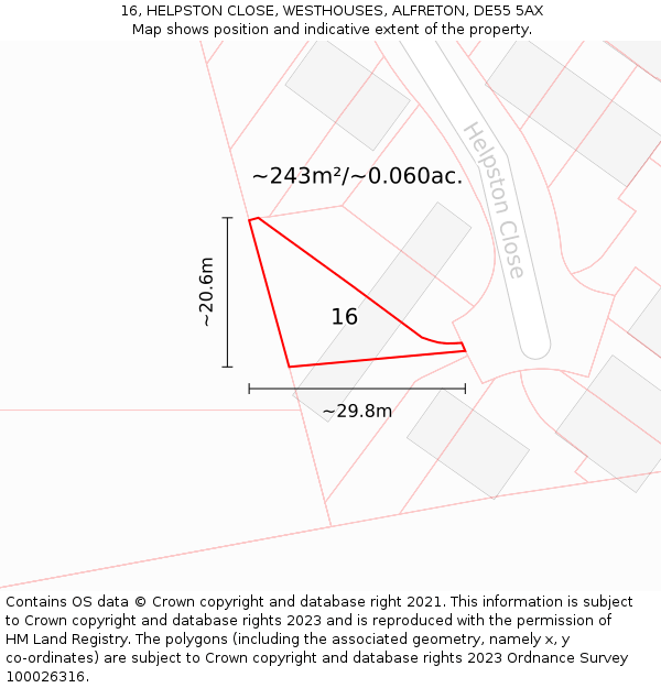 16, HELPSTON CLOSE, WESTHOUSES, ALFRETON, DE55 5AX: Plot and title map