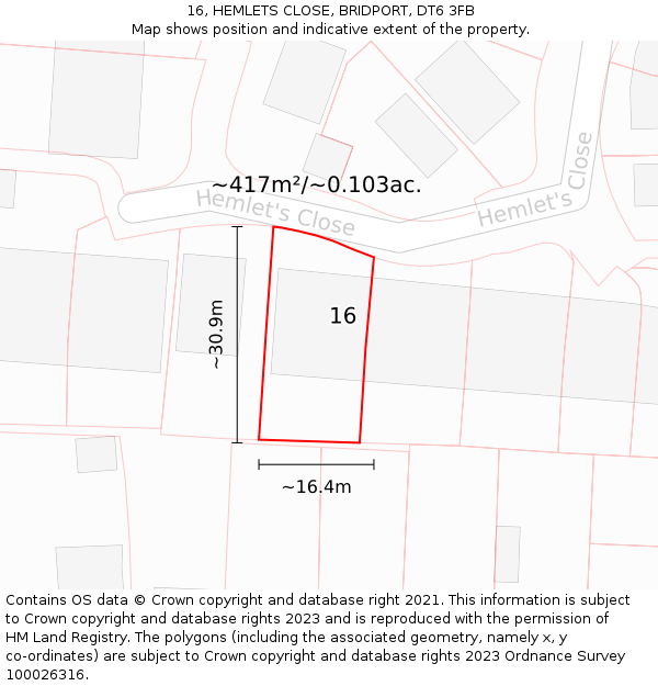 16, HEMLETS CLOSE, BRIDPORT, DT6 3FB: Plot and title map