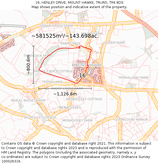 16, HENLEY DRIVE, MOUNT HAWKE, TRURO, TR4 8DS: Plot and title map