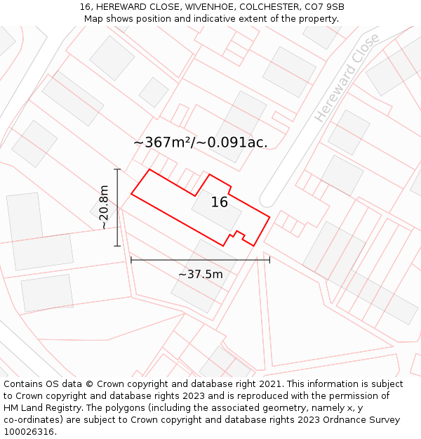 16, HEREWARD CLOSE, WIVENHOE, COLCHESTER, CO7 9SB: Plot and title map