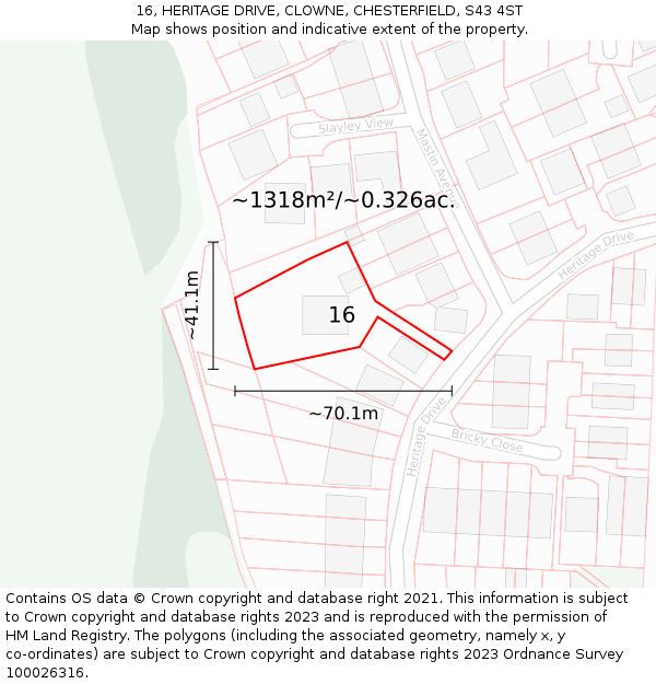 16, HERITAGE DRIVE, CLOWNE, CHESTERFIELD, S43 4ST: Plot and title map