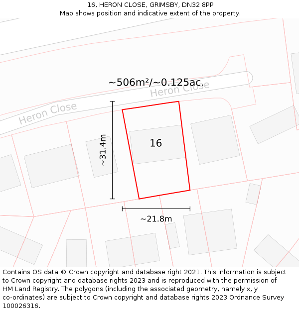 16, HERON CLOSE, GRIMSBY, DN32 8PP: Plot and title map