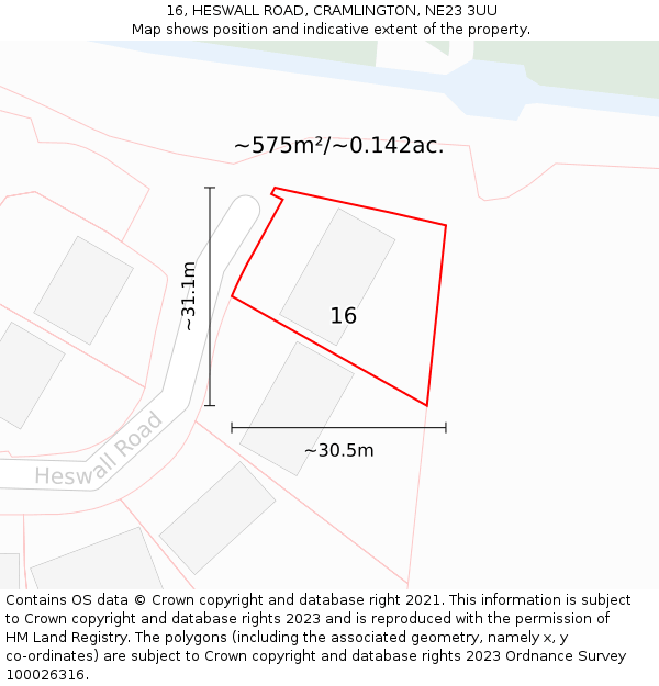 16, HESWALL ROAD, CRAMLINGTON, NE23 3UU: Plot and title map