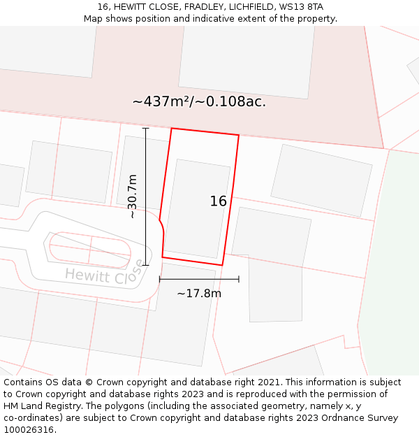 16, HEWITT CLOSE, FRADLEY, LICHFIELD, WS13 8TA: Plot and title map