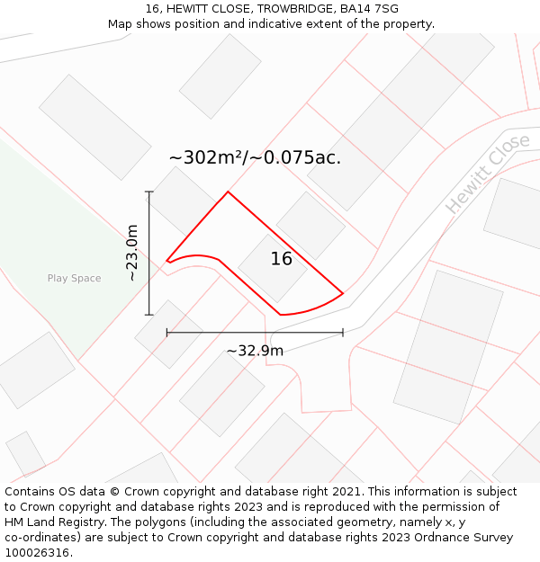 16, HEWITT CLOSE, TROWBRIDGE, BA14 7SG: Plot and title map