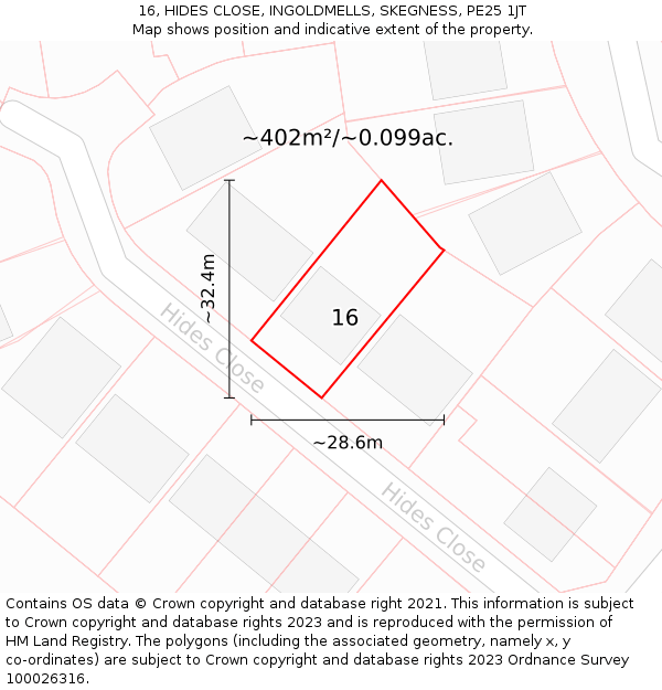 16, HIDES CLOSE, INGOLDMELLS, SKEGNESS, PE25 1JT: Plot and title map
